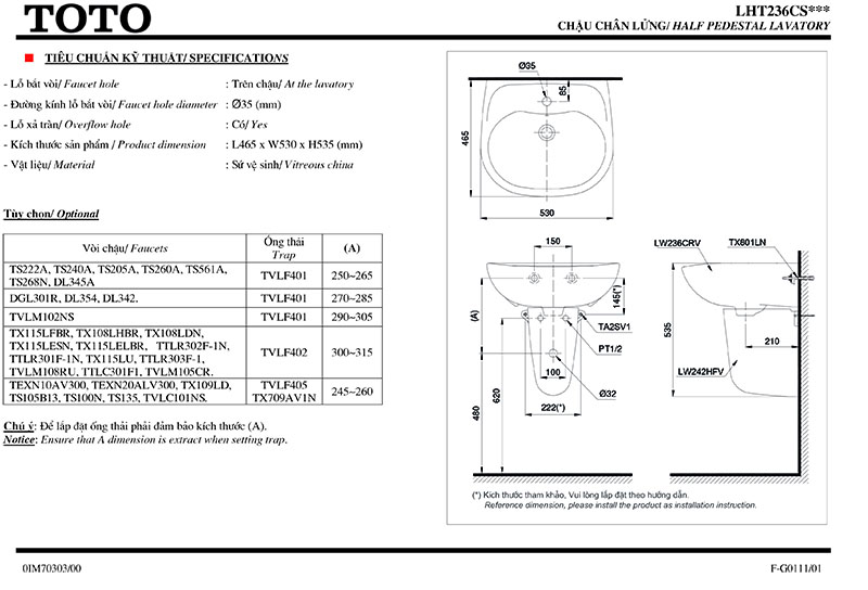thông số kỹ thuật chậu lavabo chân lửng TOTO lht236cs