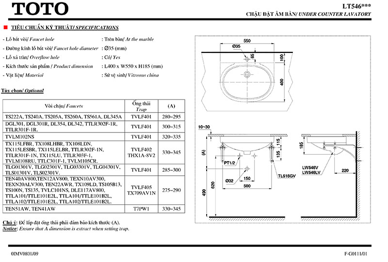 Thông số kỹ thuật chậu lavabo âm bàn TOTO LT546