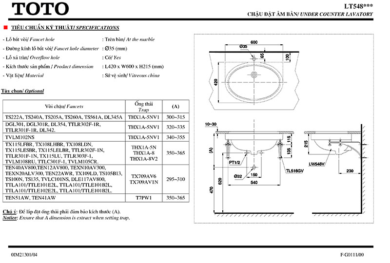 thông số kỹ thuật chậu rửa mặt âm bàn TOTO LT548