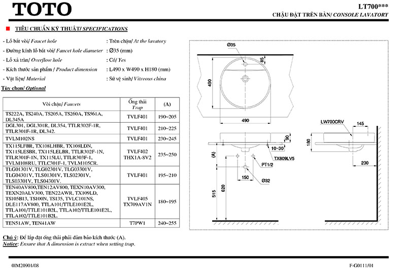 thông số kỹ thuật chậu đặt trên bàn TOTO LT700CTR