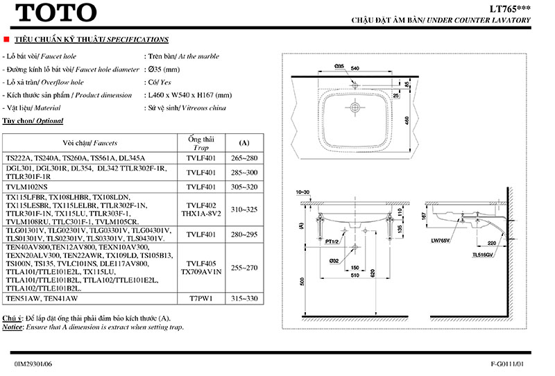 thông số kỹ thuật chậu rửa mặt âm bàn đá TOTO LT765