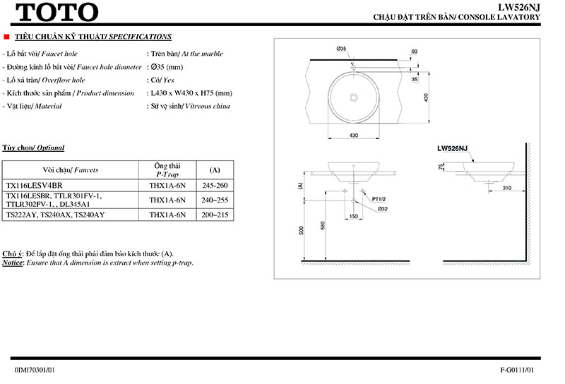 thông số kỹ thuật chậu lavabo đặt bàn toto LW526NJ