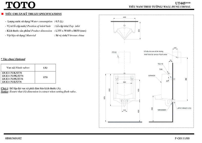 Thông số kỹ thuật bồn tiểu nam TOTO UT445