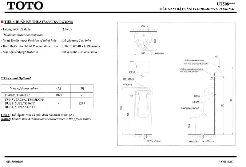 thông số kỹ thuật bồn tiêu nam TOTO UT508