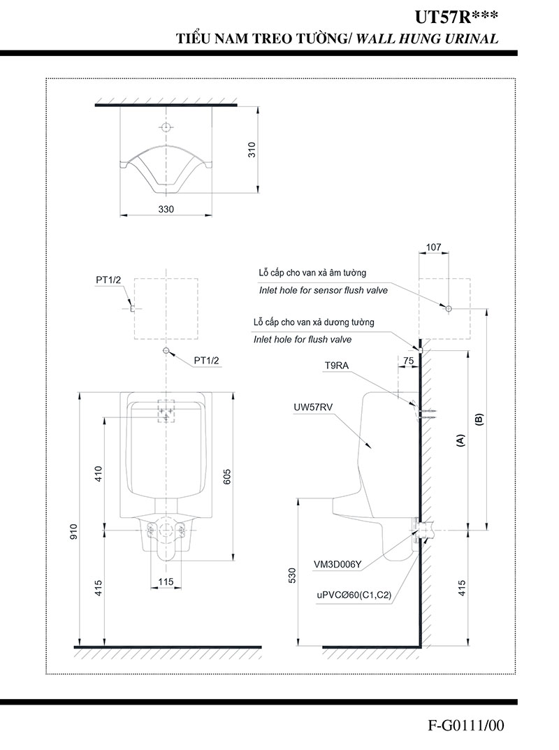 bản vẽ kỹ thuật tiểu nam TOTO UT57R