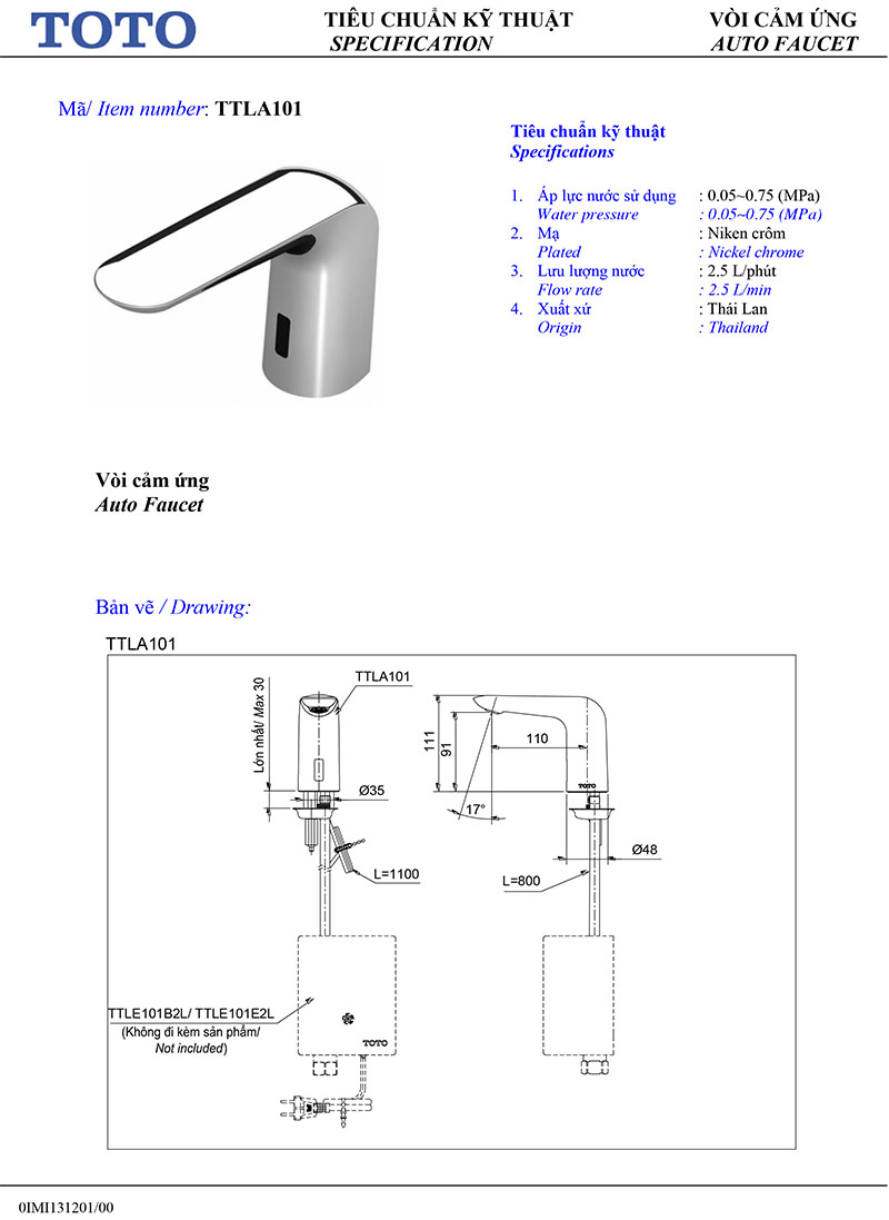 Thông số kỹ thuật vòi nước lạnh cảm ứng TOTO TTLA101/TTLE101B2L/TVLF405