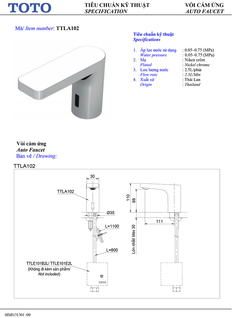thông số kỹ thuật vòi lavabo cảm ứng toto TTLA102