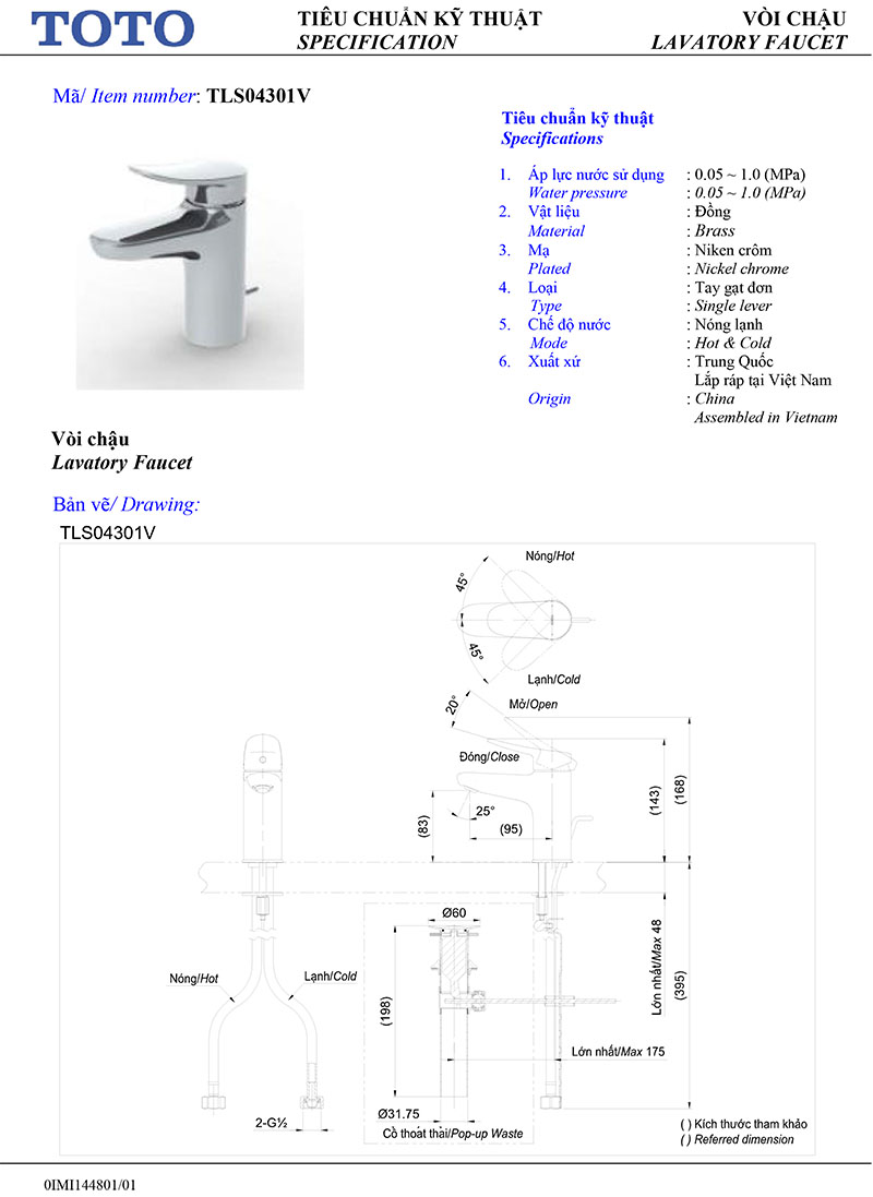 thông số kỹ thuật vòi lavabo nóng lạnh TOTO TLS04301V