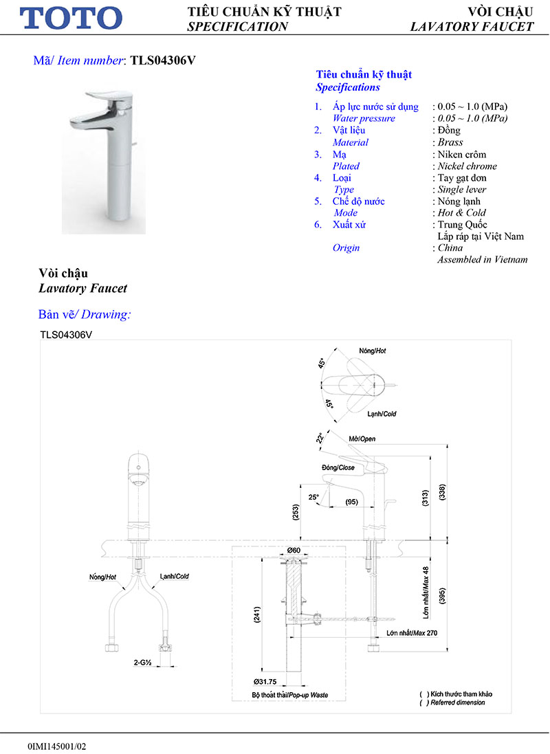 thông số kỹ thuật vòi lavabo nóng lạnh TOTO TLS04306V